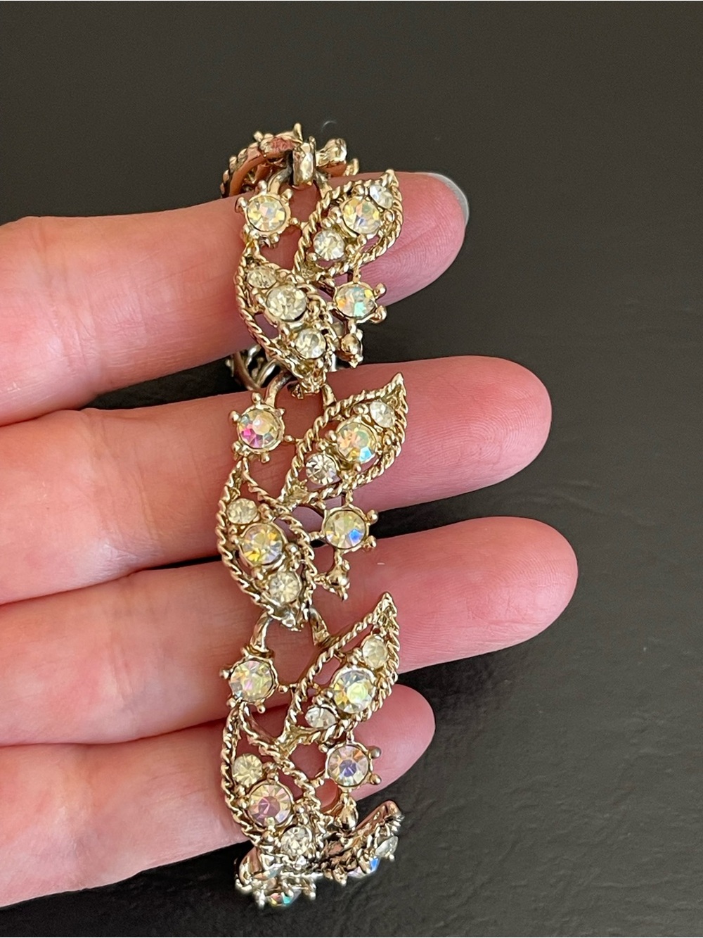 Vintage Gold-Tone Aurora Borealis Crystal Leaf Bracelet
